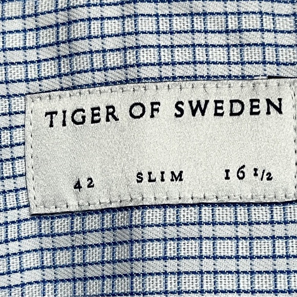 Tiger of Sweden Farrell 5 Slim Fit Dress Shirt 16.5 / 42 Blue Check Cotton - Picture 4 of 8